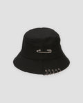 Black safety pin bucket hat with five metal rings through the brim