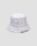 White safety pin bucket hat with five metal rings through the brim