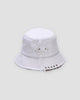 White safety pin bucket hat with five metal rings through the brim