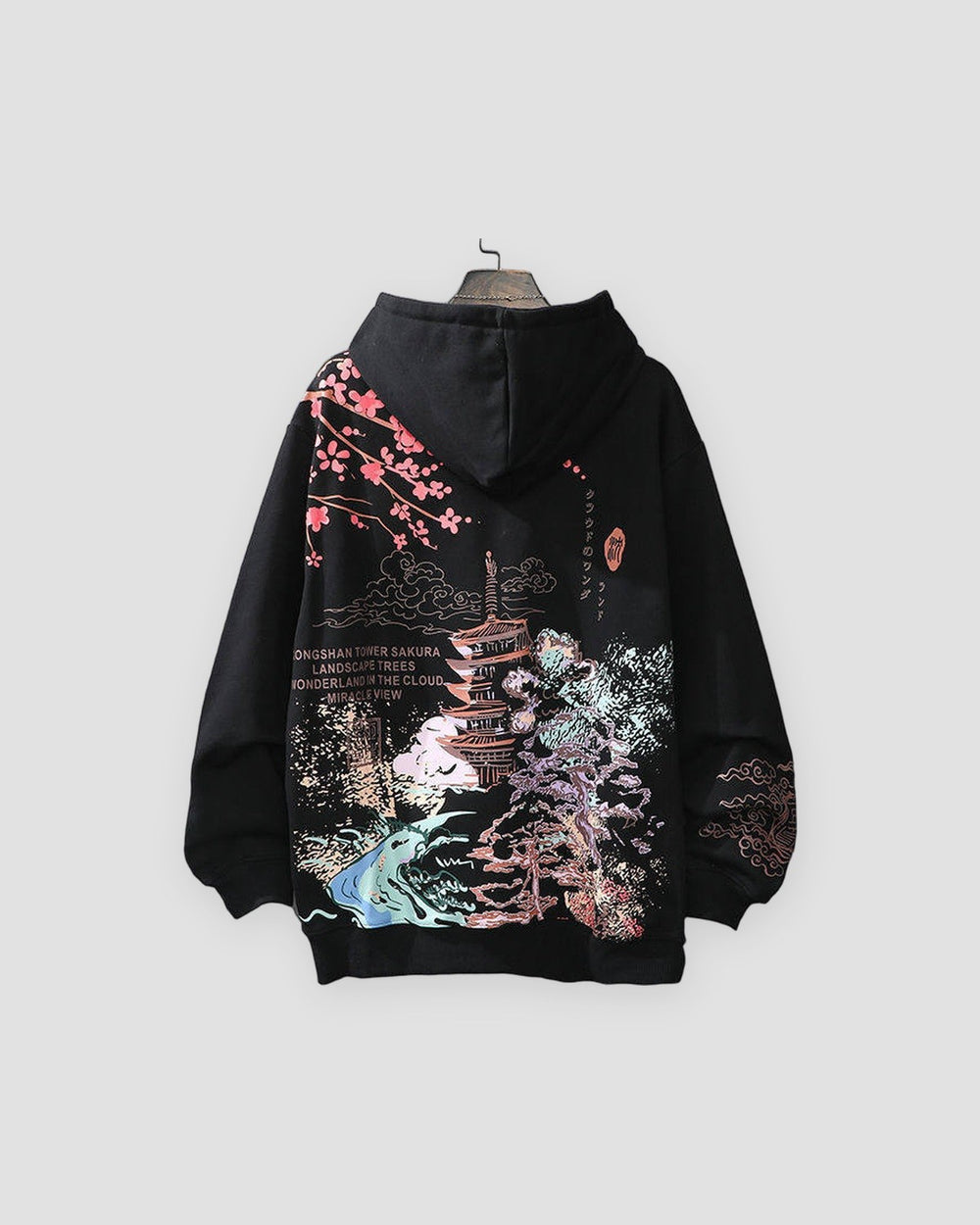 Black hoodie with a sakura tower and waves printed across the back