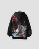 Black hoodie with a sakura tower and waves printed across the back
