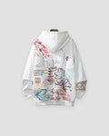 White hoodie with a sakura tower and waves printed across the back