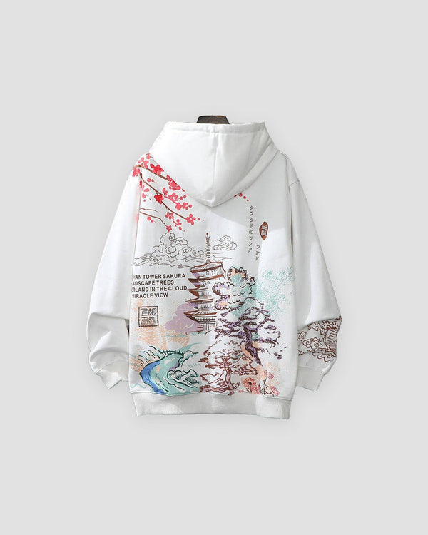 White hoodie with a sakura tower and waves printed across the back