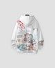 White hoodie with a sakura tower and waves printed across the back