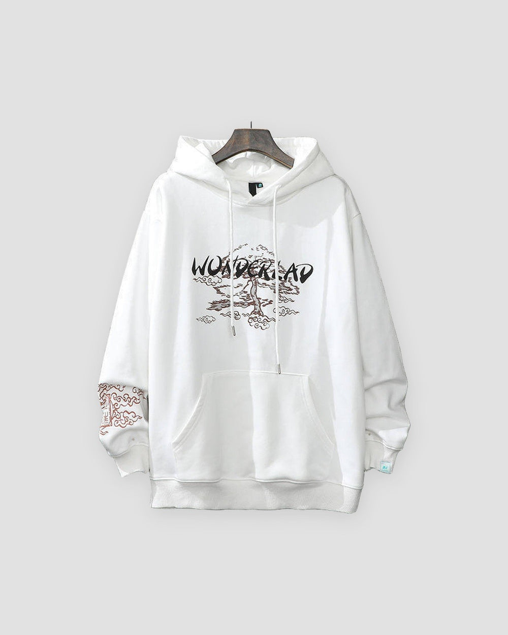 White hoodie, front view with a small WONDERLEAD tree print