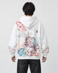 Model wearing the white sakura tower hoodie, back view of the print