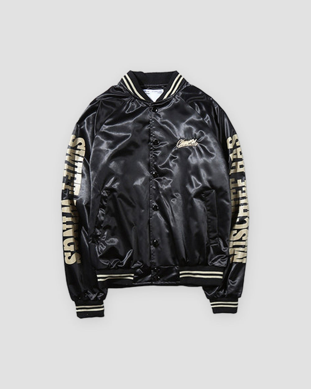 Black satin-like bomber jacket with cream sleeve lettering and striped rib trims, front view