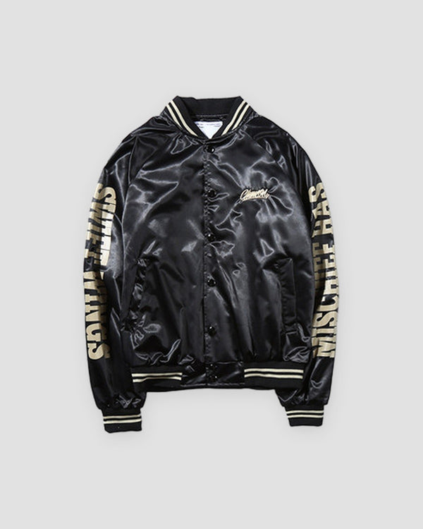 Black satin-like bomber jacket with cream sleeve lettering and striped rib trims, front view