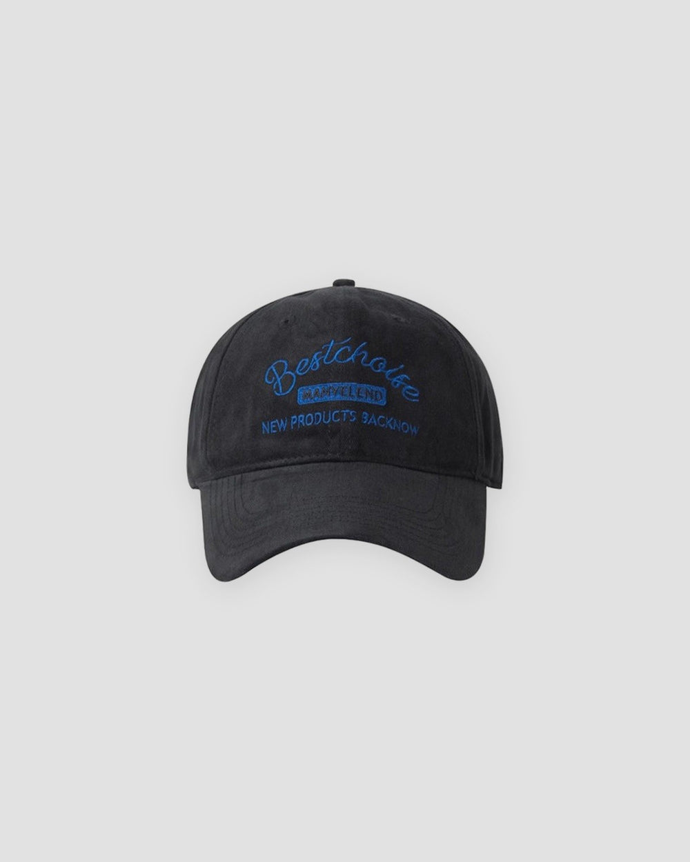 Black washed dad cap with blue script embroidery, front view