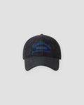 Black washed dad cap with blue script embroidery, front view