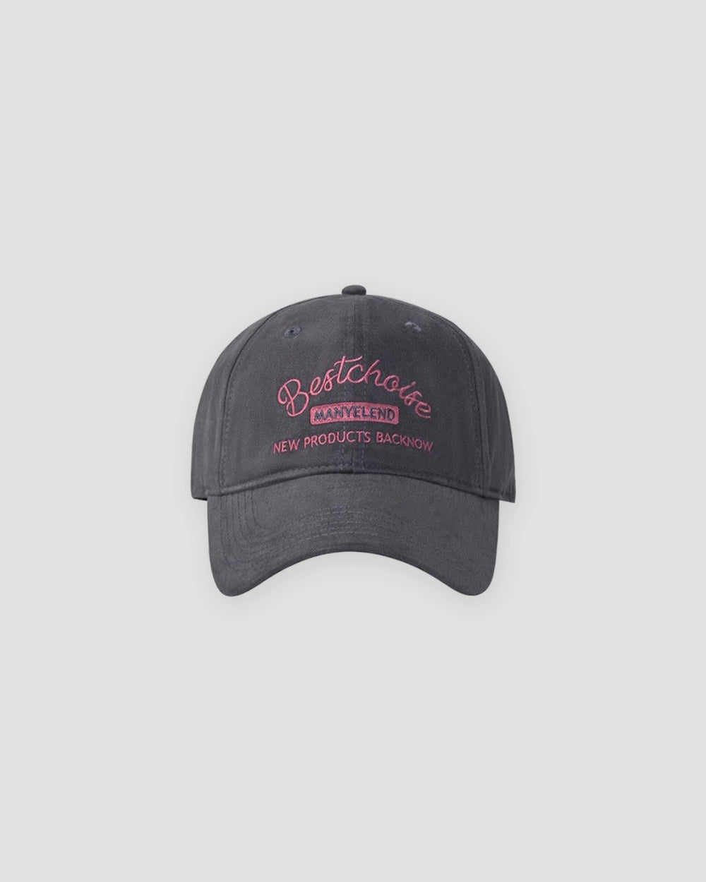 Gray washed dad cap with pink script embroidery, front view