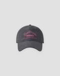 Gray washed dad cap with pink script embroidery, front view