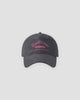 Gray washed dad cap with pink script embroidery, front view