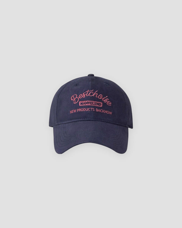 Navy washed dad cap with pink Bestchoise script embroidery, front view