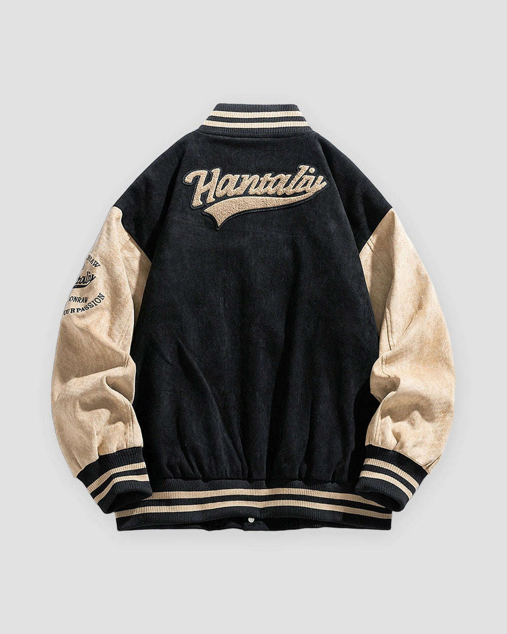 Black varsity jacket, back view, smaller script lettering on the upper back