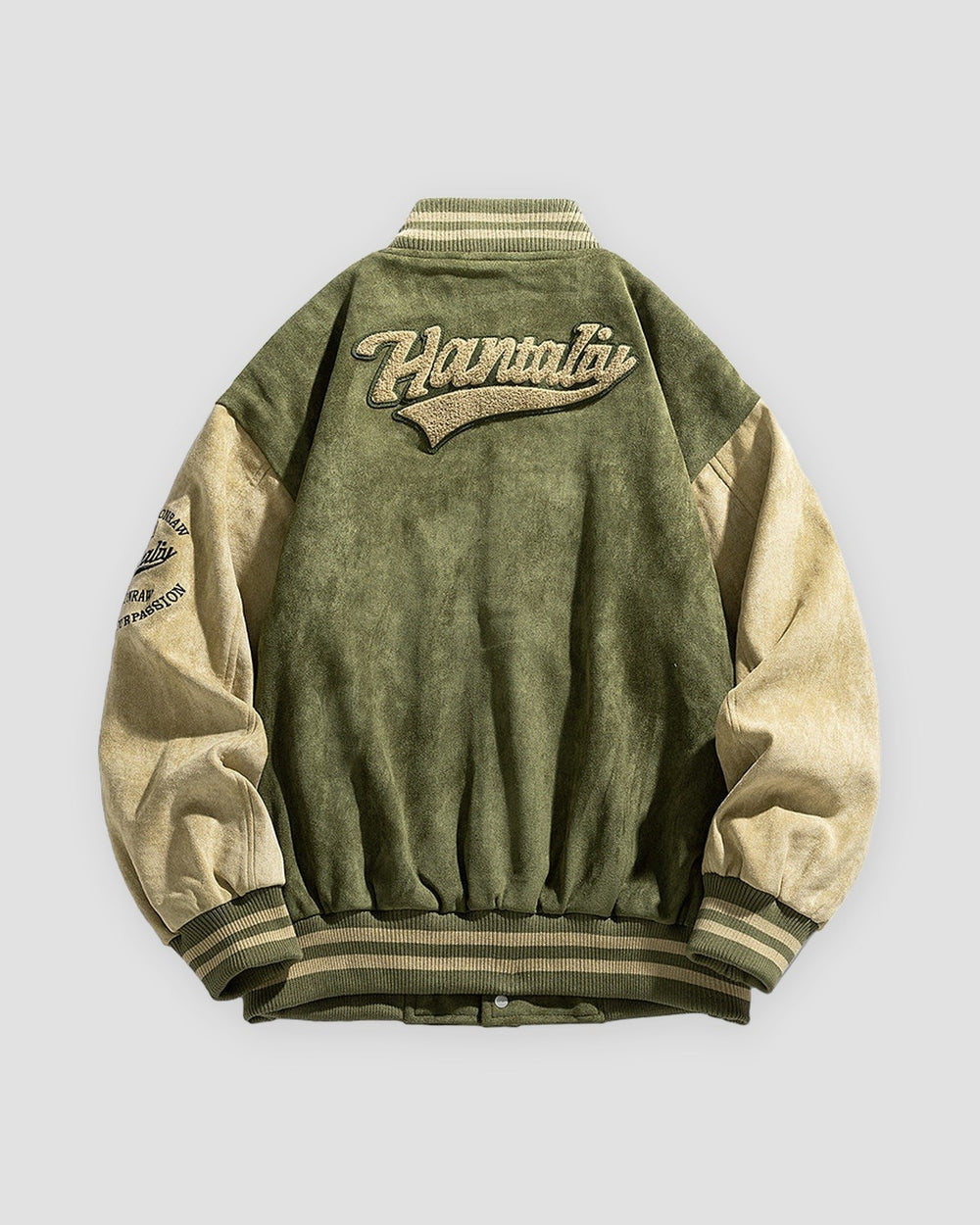 Army green varsity jacket, back view of the upper-back lettering
