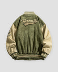 Army green varsity jacket, back view of the upper-back lettering