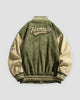 Army green varsity jacket, back view of the upper-back lettering