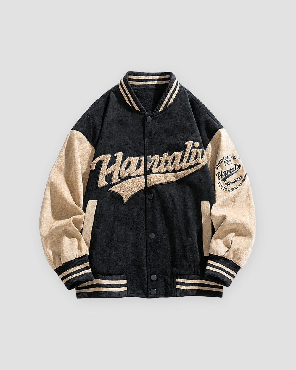 Black varsity jacket with beige sleeves, front view, cream script lettering across the chest