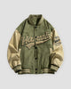 Army green varsity jacket with beige sleeves, front view of the script lettering