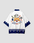 White shiba inu haori, back view with the cartoon shiba face and navy trims