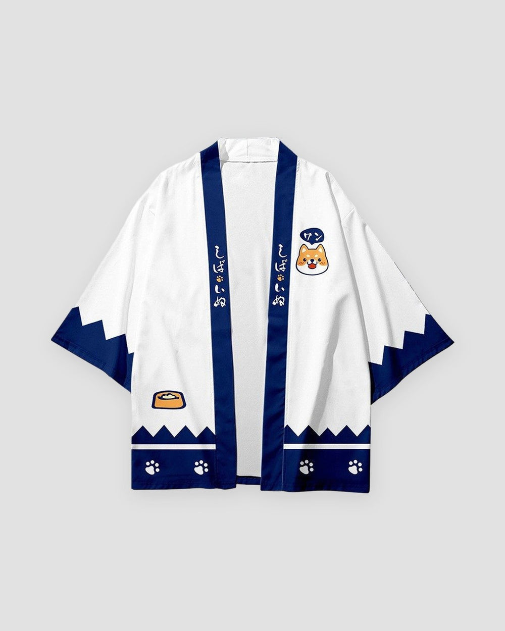 White shiba inu haori, front view with navy collar bands
