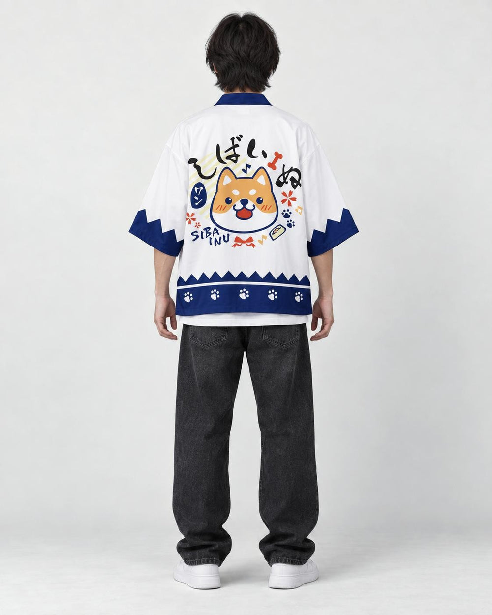 Model wearing the shiba inu print haori, back view
