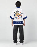 Model wearing the shiba inu print haori, back view