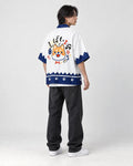Model wearing the shiba inu haori, three-quarter back view