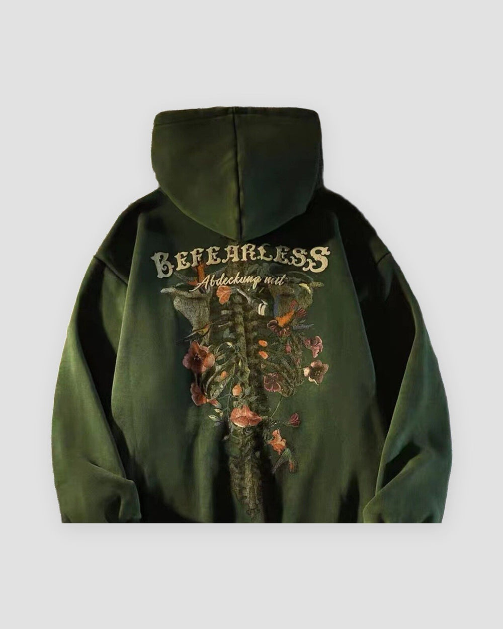 Forest green pullover hoodie with a skeleton and flower print on the back, back view