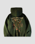Forest green pullover hoodie with a skeleton and flower print on the back, back view