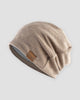 Khaki slouch beanie with a small tan F&S patch on the side