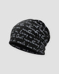Black slouchy beanie printed all over with white handwritten cursive script