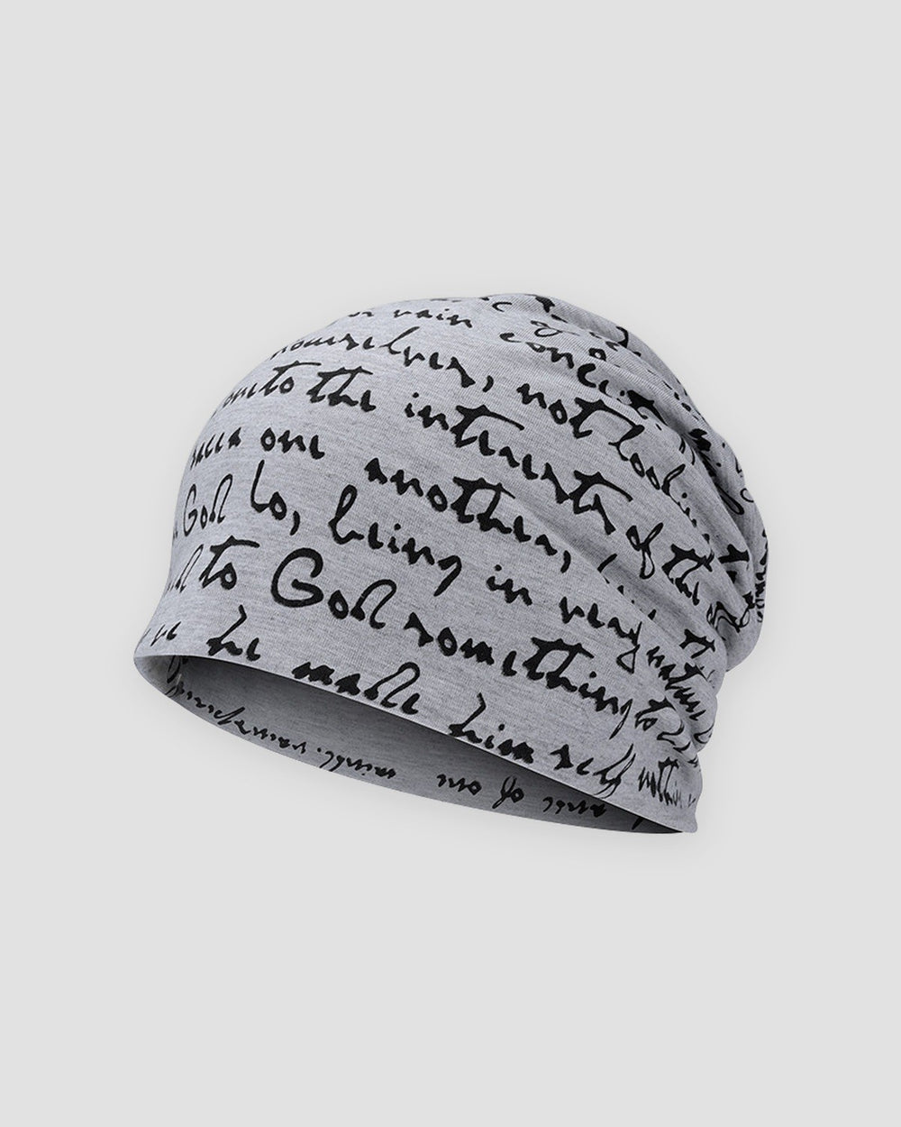 Light gray slouchy beanie printed all over with black handwritten cursive script
