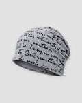 Light gray slouchy beanie printed all over with black handwritten cursive script