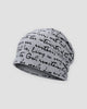 Light gray slouchy beanie printed all over with black handwritten cursive script