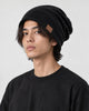 Model wearing the black slouchy beanie, side view