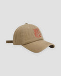 Khaki baseball cap with a red embroidered seated cat and katakana, three-quarter view