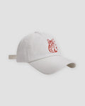 White baseball cap with a red embroidered seated cat and katakana, three-quarter view