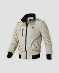 Beige cotton field jacket with a black ribbed collar, cuffs and hem