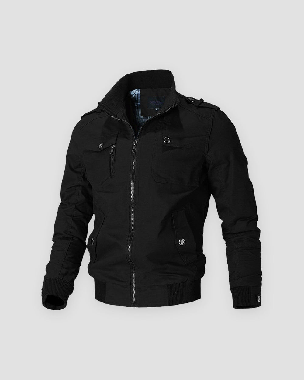 Black cotton field jacket with a ribbed stand collar, epaulettes and chest flap pockets