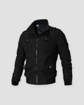 Black cotton field jacket with a ribbed stand collar, epaulettes and chest flap pockets
