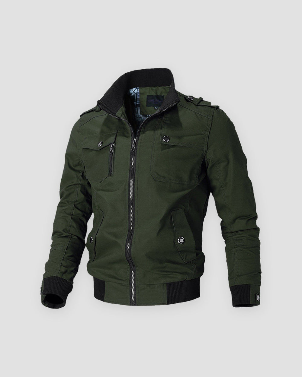 Army green cotton field jacket with a black ribbed collar, epaulettes and flap pockets