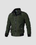 Army green cotton field jacket with a black ribbed collar, epaulettes and flap pockets