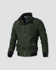 Army green cotton field jacket with a black ribbed collar, epaulettes and flap pockets