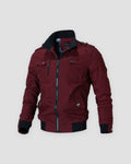 Red cotton field jacket with a black ribbed collar, cuffs and hem