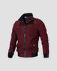 Red cotton field jacket with a black ribbed collar, cuffs and hem