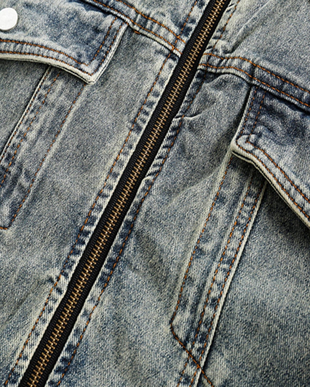 Close-up of the metal zip and snap flap chest pocket