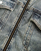 Close-up of the metal zip and snap flap chest pocket