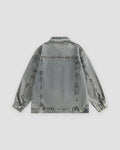 Gray-blue patch denim jacket, back view